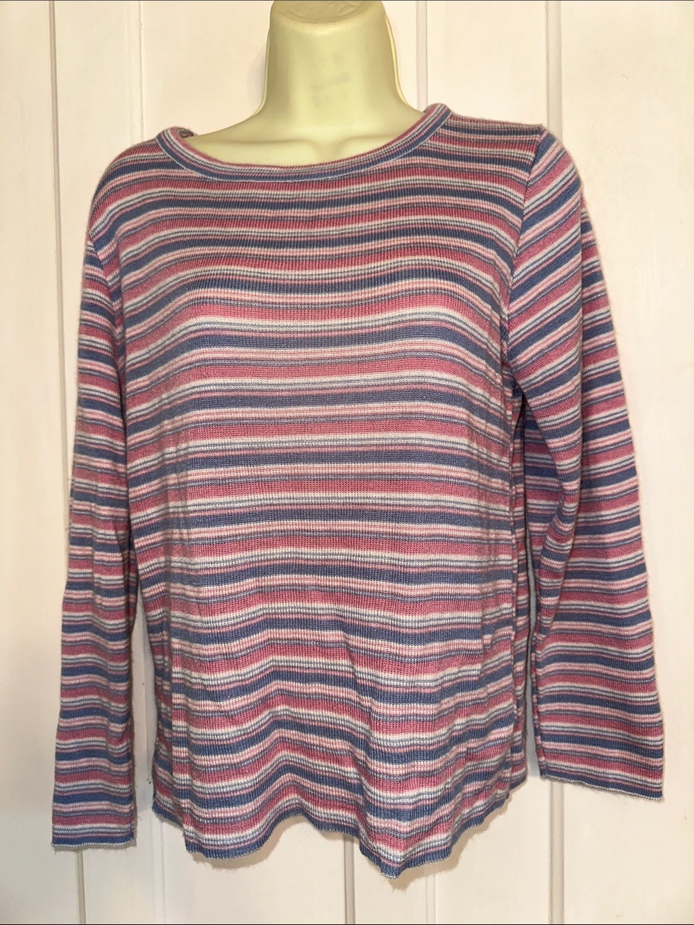 Vintage 70s/80s Striped Long-Sleeve Knit Sweater- Pink, Blue & White